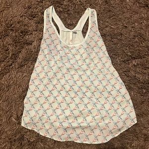 Lauren Conrad Small Sheer tank with pink and blue birds in cross hatch pattern